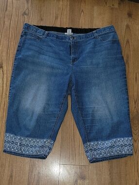 Catherines Blue Denim Capri Shorts with White Embroidered Hem